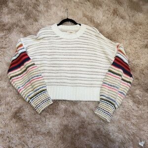 Gilded Intent Cream Sweater with Multicolor Striped Sleeves